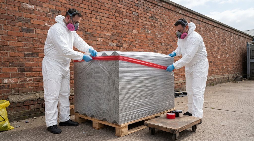 Wrapped and sealed cement sheet waiting for collection by an authorised carrier.